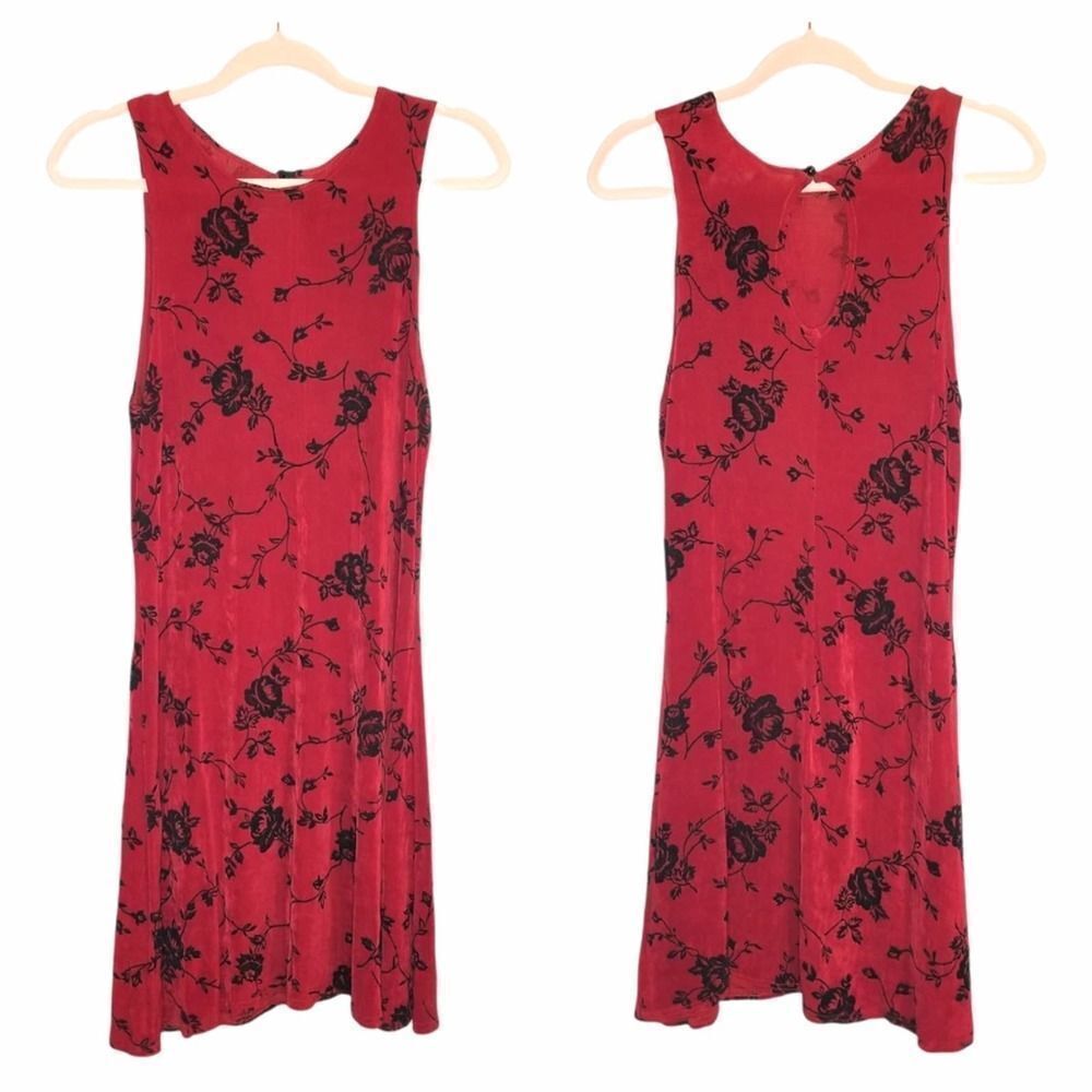 Vintage Red & Black Velvet Floral Shift Mini Dress